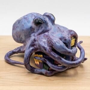 Unsigned Purple Glazed Octopus with Rubiks Cube Hand Crafted Purple Glaze